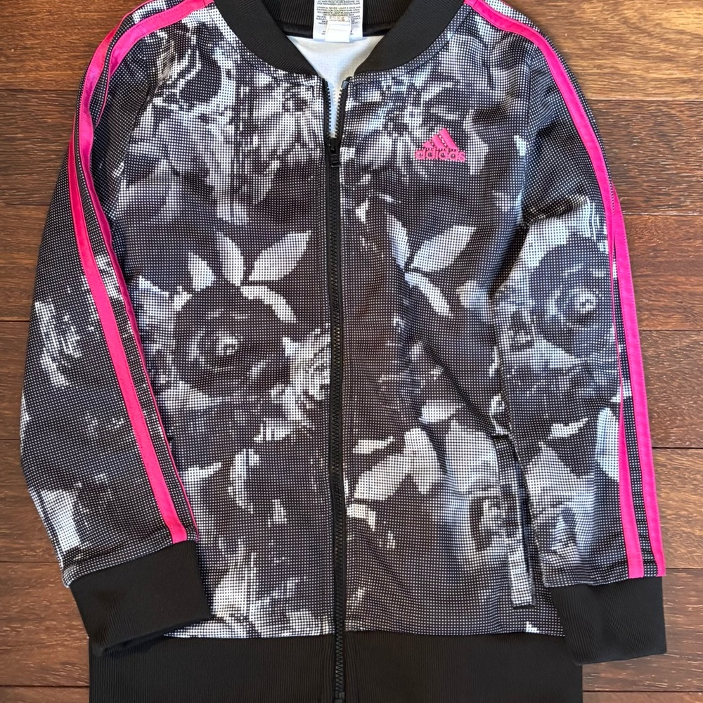 adidas Black Floral Track Jacket with Hot Pink Trim